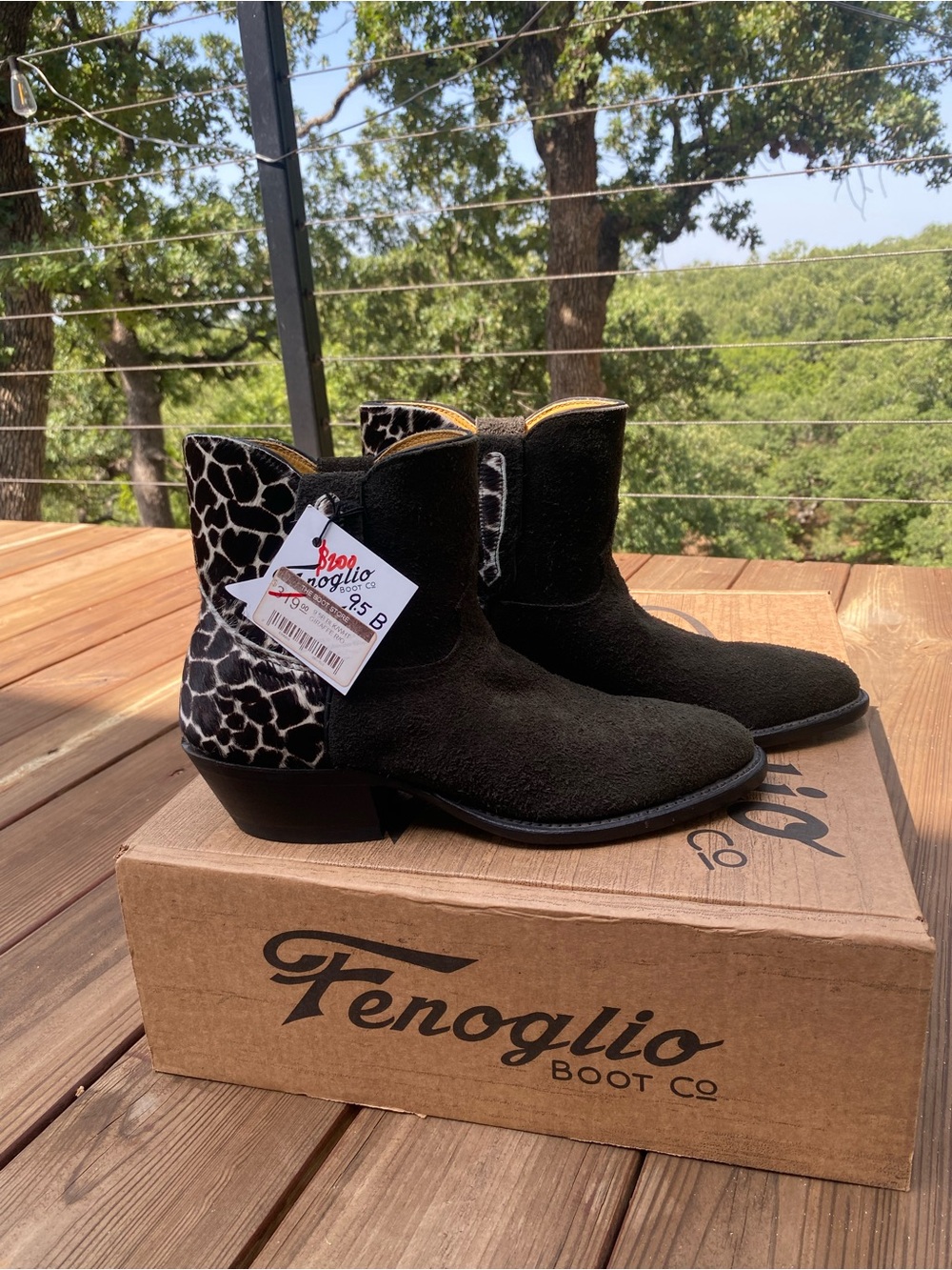 Fenoglio Boot Black Suede Western Ankle Boots Giraffe Calf HairLeather 9.5 NWT